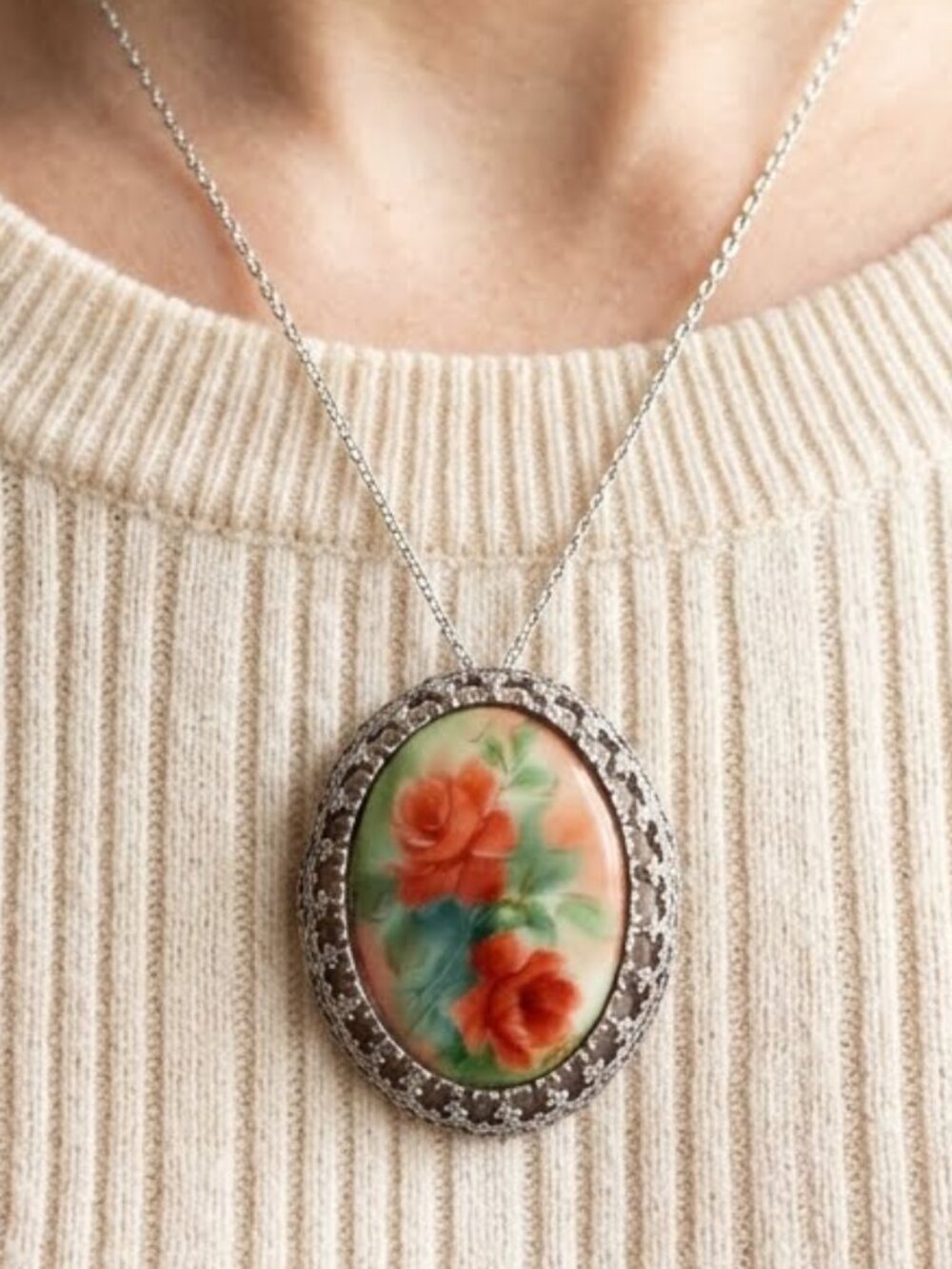 Cottagecore Vintage Oval Porcelain Red Rose Brooch Pin Necklace Pendant Combo